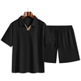 thumbnail image 4 of Men's 2 Pieces Outfits Casual Polo Shirt and Shorts Set Collar Athletic Jogging Jacquard Textured Summer Tracksuit Black, 4 of 5
