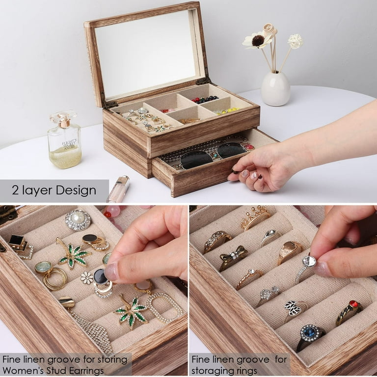 Meangood Jewelry Box Organizer for Women, 2 Layer Large Jewelry Storage  Case, Rustic Wooden Jewelry Box with Mirror & Ring Tray for Necklace  Earring