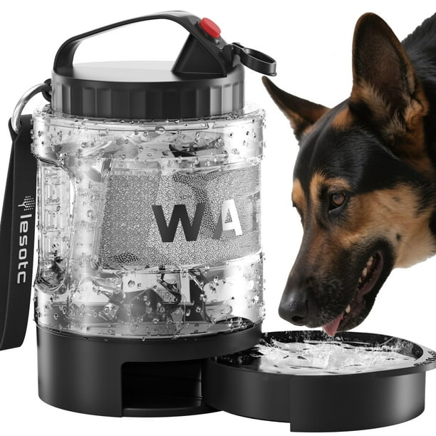Botella de agua de viaje para perros Lesotc 2 en 1, 2,3 L, portátil, negra