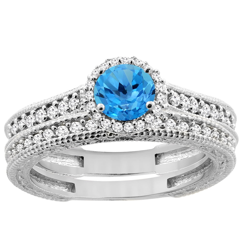 14K White Gold Natural Swiss Blue Topaz Round 5mm Engagement Ring 2-piece Set Diamond Accents, size 5 by Gabriella Gold