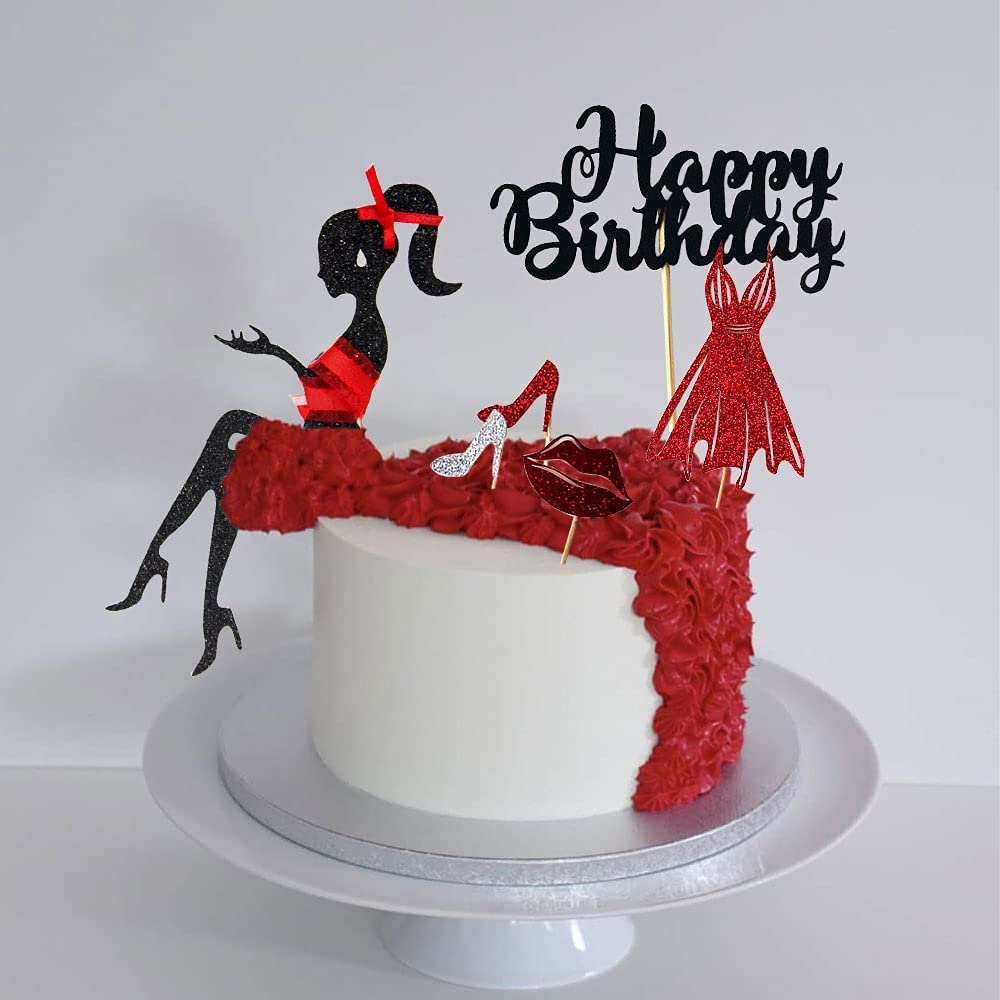 Lot De 6 Décorations Gâteau Happy Birthday Paillettes Rouges - Piques Grand Format Pour Anniversaire, Smash Cake - 6