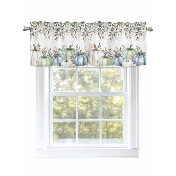 Fall Blue Pumpkin Valances for Windows Green Eucalyptus Leaves Flower Rod Pocket Curtains Valance Short Window Treatment Drapes for Living Room, Bedroom Bathroom 60" W x 14" L