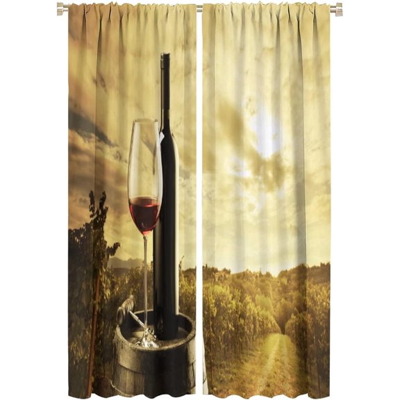 Wine Curtains, Red Wine Bottle and Glass On Wooden Barrel Dramatic Sunset Agriculture, Bedroom Living Room Kitchen Decorative Curtains 2 Sets of Panels, 42x63 in. Coffee Black