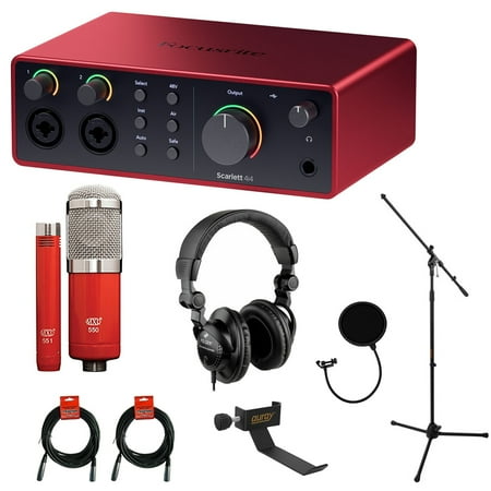Focusrite Scarlett 4i4 USB-C Audio/MIDI Interface (4th Gen) Bundle with Studio Monitor Headphones, MXL 550/551 Microphone Ensemble Kit, Pop Filter, Mic Stand, Headphone Holder and 2x XLR Cable