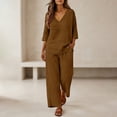 thumbnail image 6 of Lekode Womens Linen Set Roll-up Sleeve Top Boho Matching Wide Leg Lounge Pants Simple 2 Piece Set Linen Loungewear Sets Cotton Linen Lounge Set Summer Vacation Clothes Fashion Outfits Brown 5xl, 6 of 7