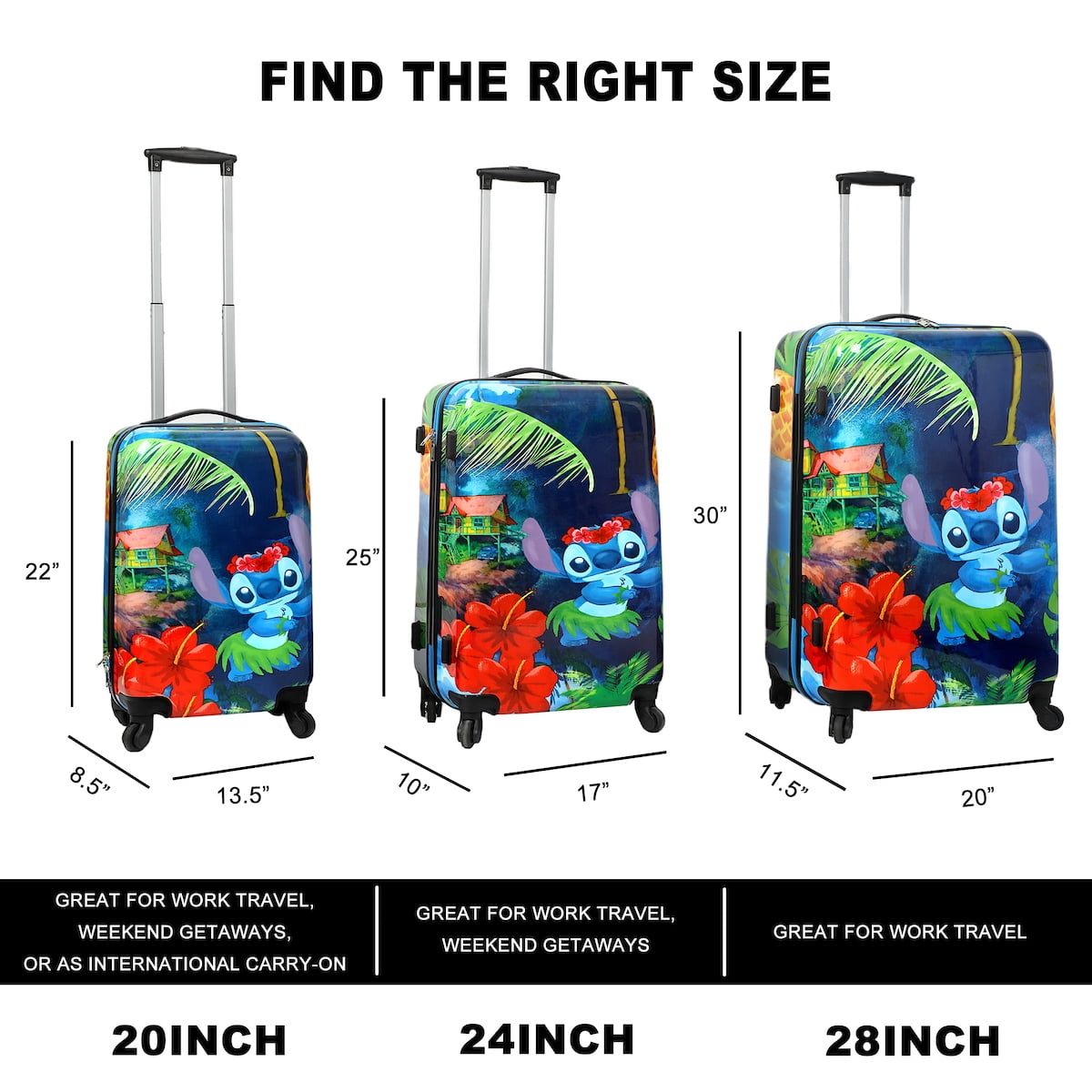 Lilo and Stitch 3-Piece Luggage Set – 20", 24", and 28" Rolling Suitcases