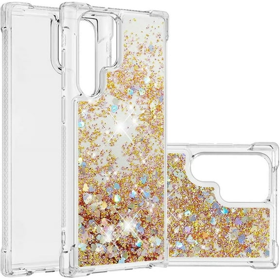 Glitter Case for Galaxy S22 Ultra,Samsung Galaxy S22 Ultra Glitter Case Sparkling Quicksand Shiny Floating Liquid Transparent Soft TPU Phone Case for Galaxy S22 Ultra Golden Love