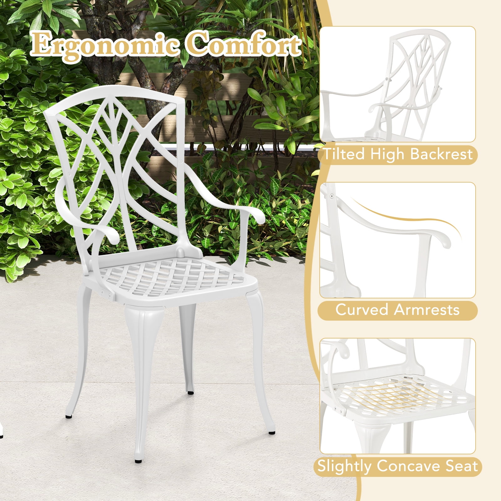 Gymax Outdoor Dining Chairs Set of 4 All Weather Cast Aluminum High Back Patio Chairs w/ Armrest for Backyard Garden Balcony White