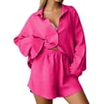thumbnail image 2 of ibiyuan Women'S 2 Piece Outfits Women's Casual Spring Fashion Set Long Sleeve Shirt and High Waist Drawstring Shorts Solid Two Piece Outfit, 2 of 5