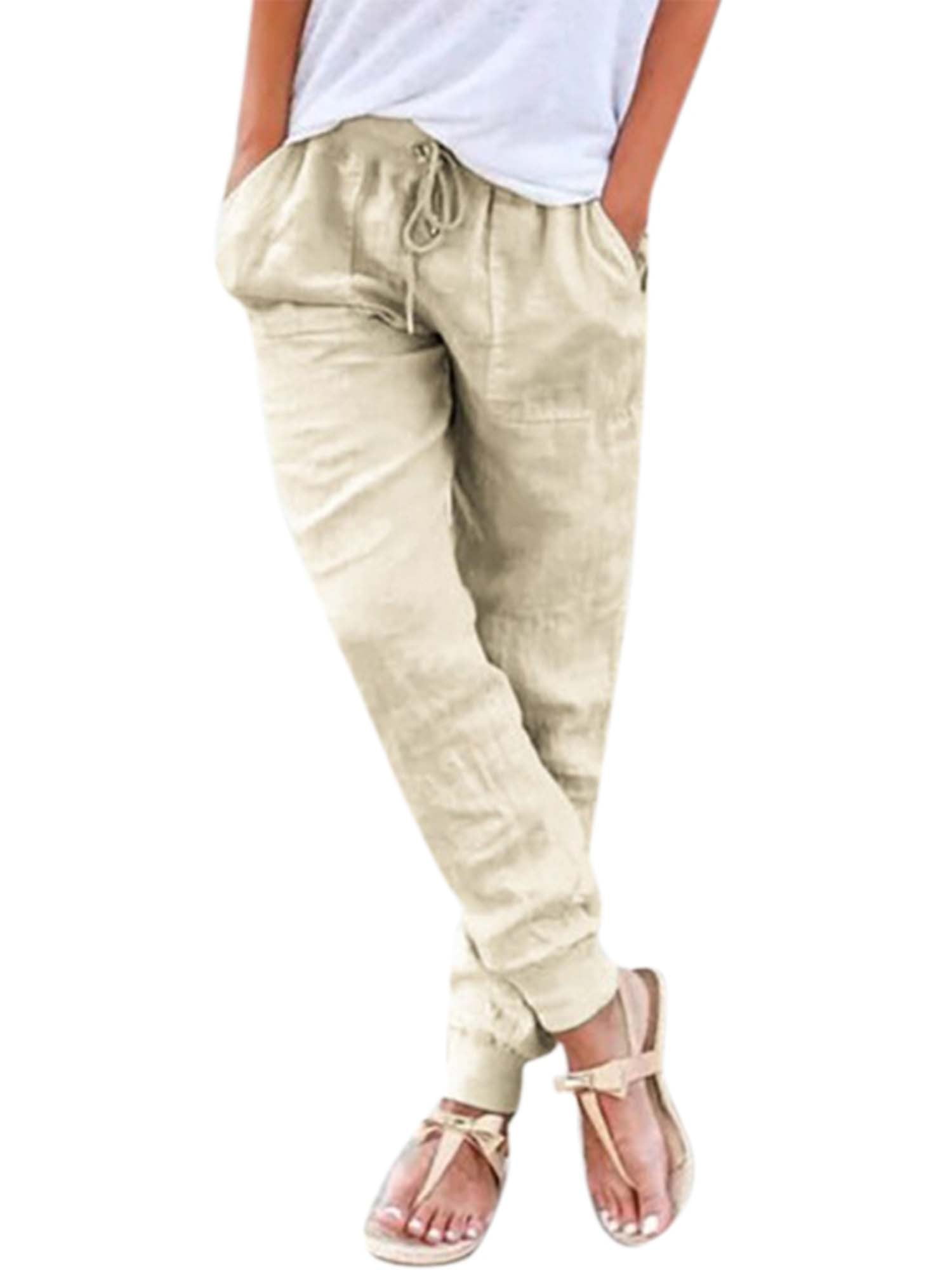 Women's Linen Plain Pants Drawstring Elastic Waist Summer Plus Size