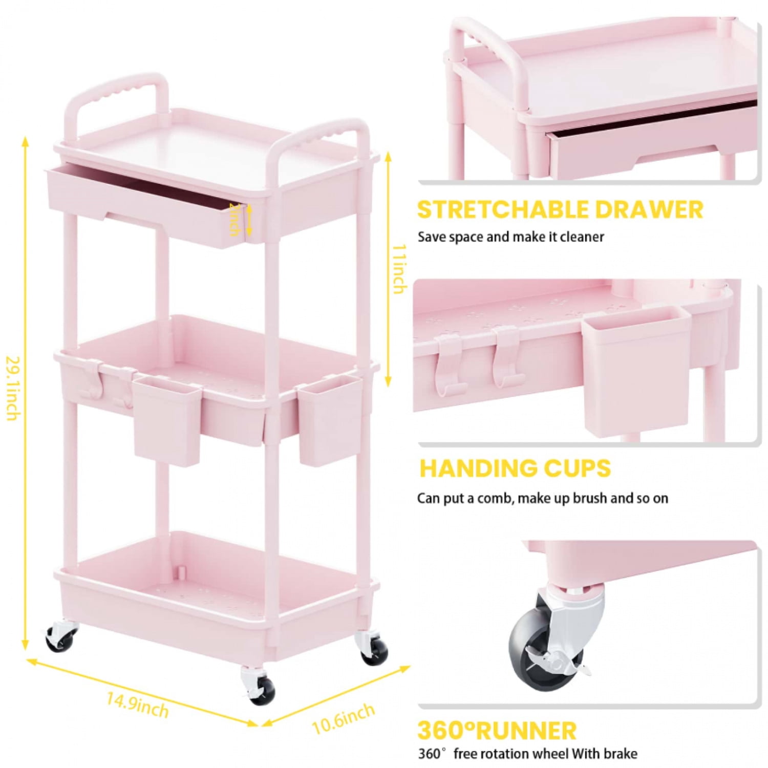 NTGFU 3 Tier Rolling Storage Cart with Drawers Rolling Utility Cart with Drawers,Room Decor,Bathroom Decor,Rolling Utility Cart Rolling Storage Organizer Tool for Kitchen,Pink