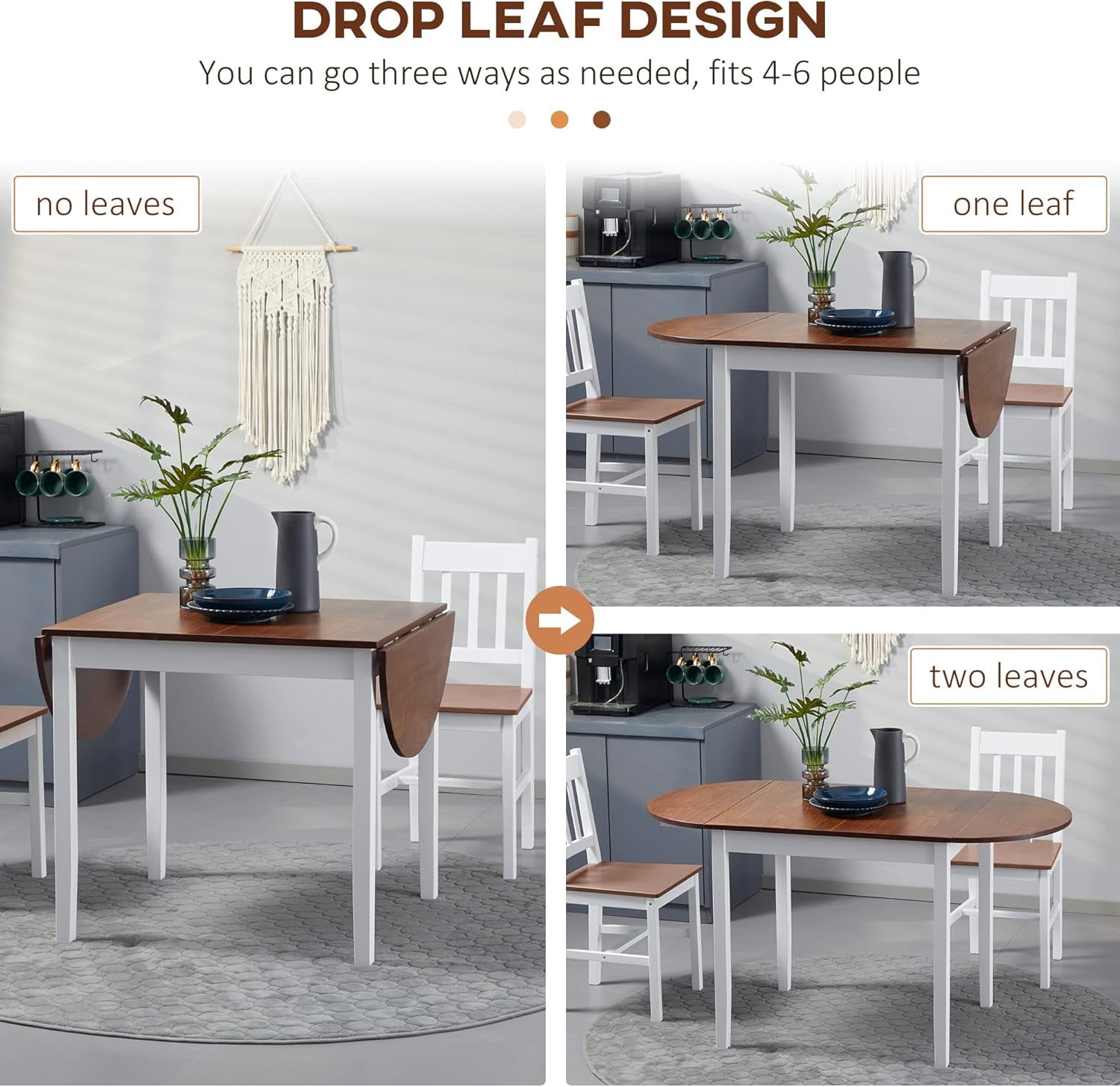 GARITIN Solid Wood Folding Dining Table, Drop Leaf Kitchen Dining Room Desk for Small Spaces, Expandable Folding Round Table for Home Apartment Office, Brown+White
