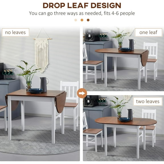 Folding Dining Table with Solid Wood, Drop-Leaf Expandable Oval Table for Small Spaces - Kitchen, Apartment, Office Desk - Space-Saving Pine Wood Design, Brown & White