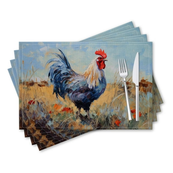 BaHomeck placemats Set of 4 rectangle Linen Cotton Placemats for Dining Table Washable Heat Resistant,18*12inch,Blue Rooster Standing In The Middle Of Autumn Field