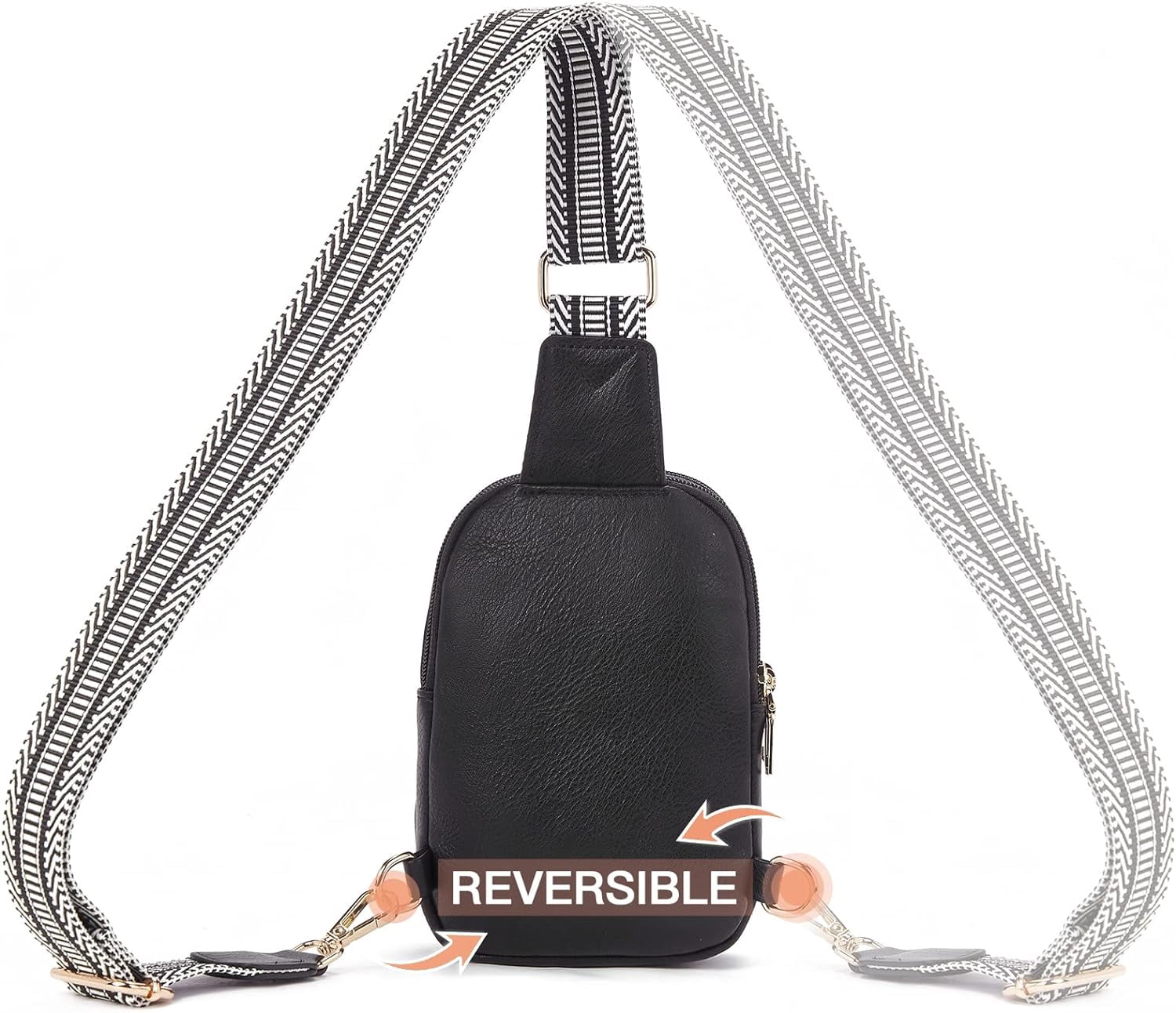 ? Women Black Leather Fanny Pack Small Vegan Chest Guitar Strap Crossbody Bag Pebble Mini Fanny Pack Black - Vegan Leather with Gold  main image 2