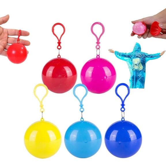 5 Pack Disposable Rain Ponchos with Keychain Ball, Lightweight Portable Waterproof Emergency Raincoats for Adults, Camping, Hiking, and Outdoor Events