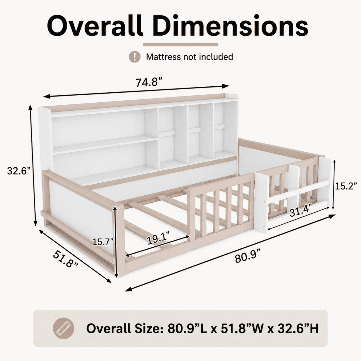 Miniyam Twin Size Floor Bed, Kids Wood Bed Frame with Guardrails, Side Bookshelf, Nude and White