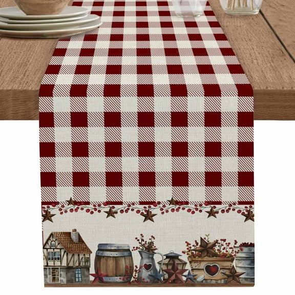 Farm Barn Western Star on Vintage Table Runner-70 Inch Long Red Buffalo Plaid Table Runners Linen Burlap Tablerunner for Kitchen Dining Room Holiday Party