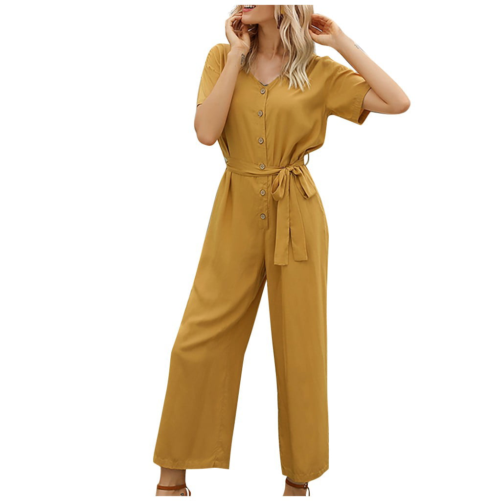 New Women's Short Sleeve Single-Breasted Solid Color Casual Jumpsuit with Belt