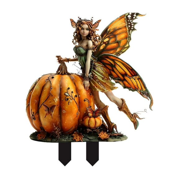 Pumpkin Witch Statue, Witch Fairy Pumpkin and Skeletone Sculpture, Miniature Welcome Sign, Theme Gift, Home Decoration for Home, Garden, Outdoor and Indoor (Orange)