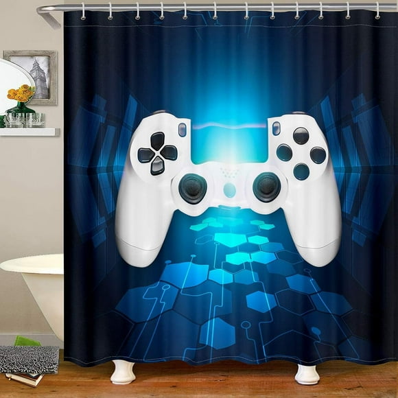 Teen Gaming Shower Curtain Gamer Gift for Boys Game Room Decor Kids, Girls, Youth, Men Video Games Bath Curtain Set Chic White Gamepad with Blue Honeycomb Heavy Duty and Fun (72"x72)