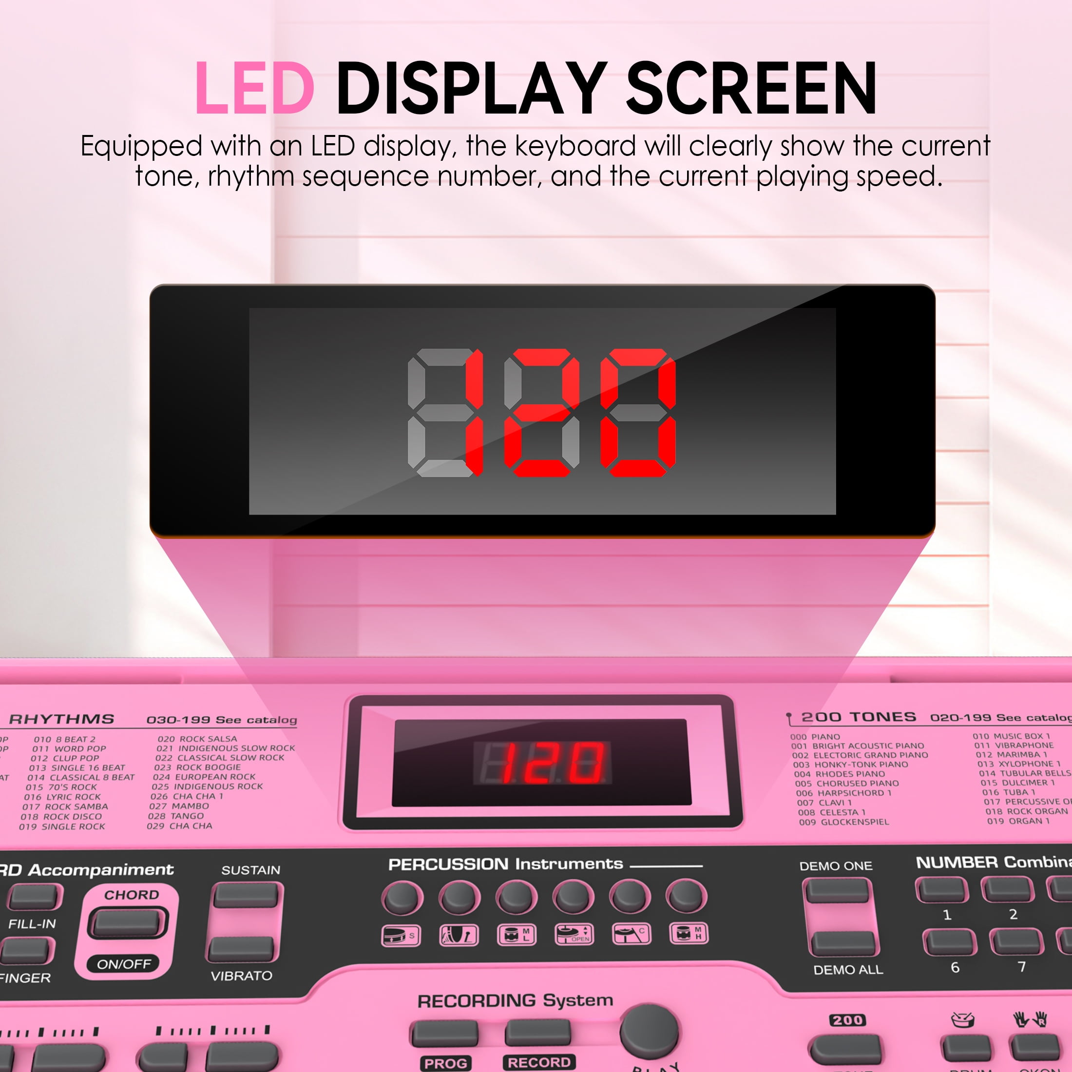 Fenbeli 61-Key Piano Keyboard with Lighted Keys, Stand, Bench, Microphone, Headphone, Electronic Keyboard Piano Set, Pink