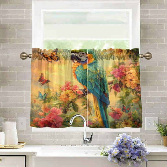 BZSMCE Set of 2 Pieces Kitchen Window Curtain Fashion Parrot with Butterflies Printed 27x24in/27x36in