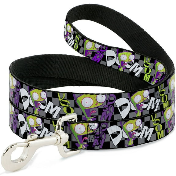 Nickelodeon Pet Leash, Dog Leash, Invader Zim GIR Doom Pose Checker Black Gray, 4 Feet Long 1.0 Inch Wide