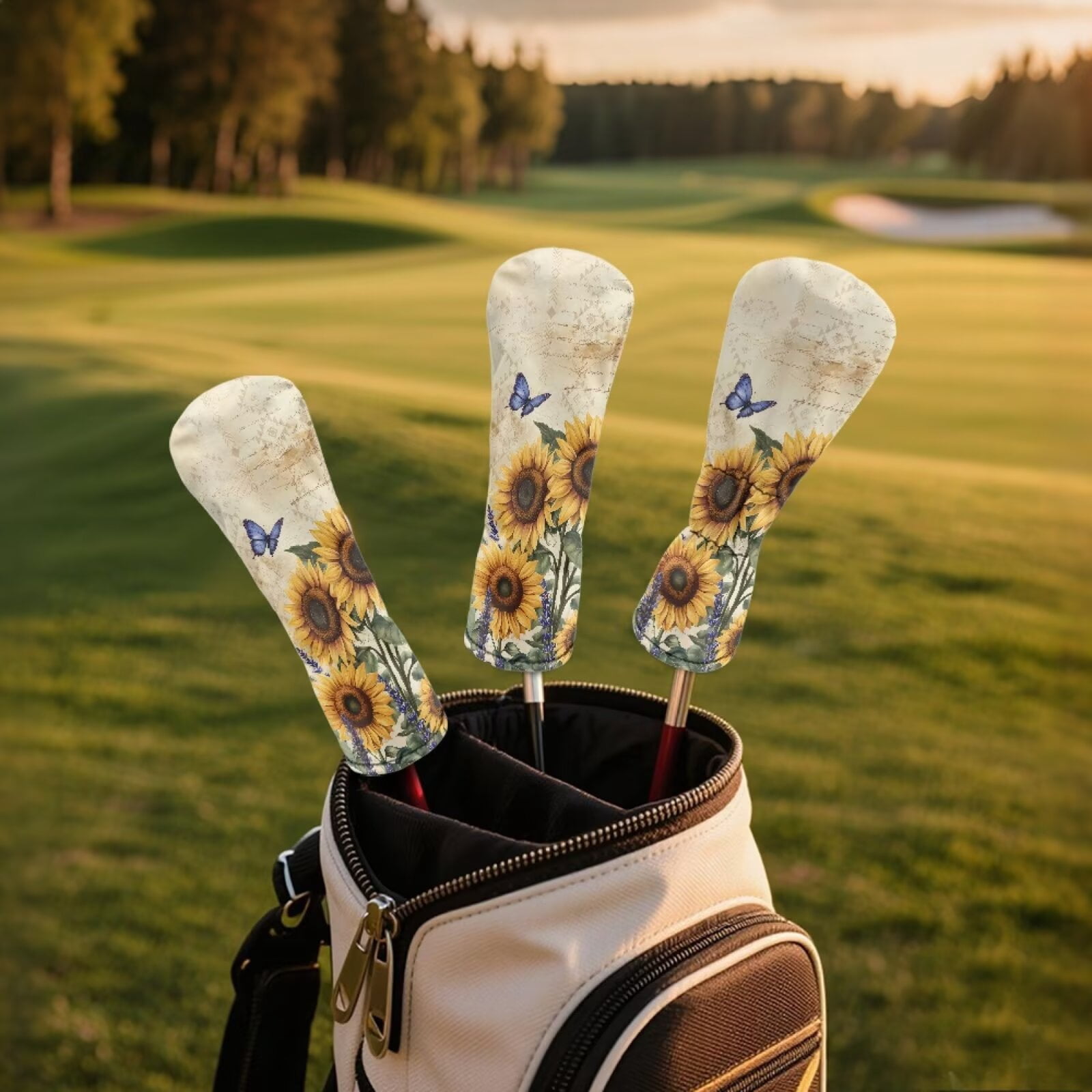 Uorisanigo Golf Club Head Covers for Drivers Fairway Woods Hybrids - Premium PU Leather Blue Butterfly Sunflower Golf Club Headcovers - 3 Piece Set for Men and Women