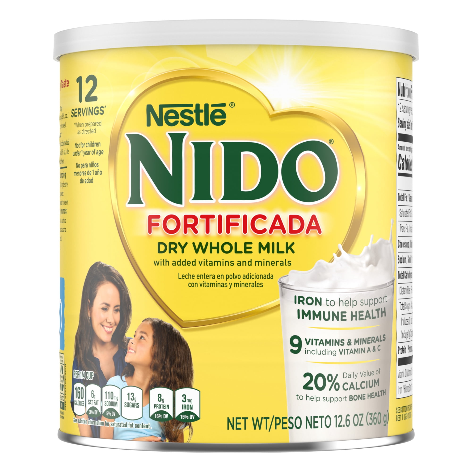 NIDO Fortificada Dry Whole Milk Powder with Vitamins A, C, D, Iron & Calcium, 12.6 oz Canister