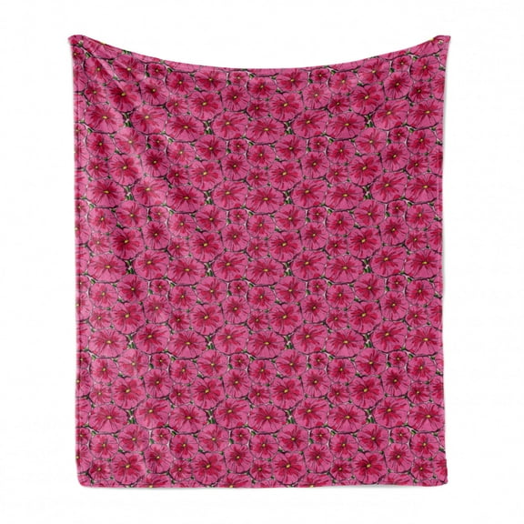 Floral Soft Flannel Fleece Blanket, Meadow Blooms Poppy Petals Opening Spring Leaves Inspirational Season Pattern, Cozy Plush for Indoor and Outdoor Use, 50" x 60", Magenta Mustard, by Ambesonne