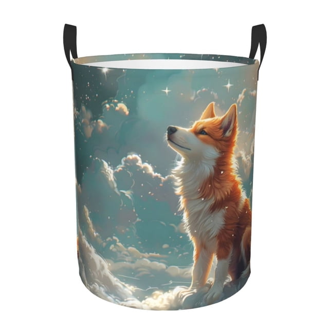 Balery Starry Sky Cloud Fox Cesta de ropa redonda con asas, impermeable, independiente, para ropa, juguetes, dormitorio y familia-Medium