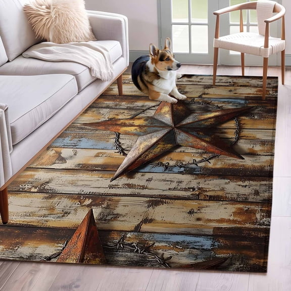Texas Star Retro Area Rug 3x5 Washable Rug Non Slip Country Farmhouse Brown Wooden Grain Large Area Rug Indoor Floor Carpet for Entryway Bedroom Kitchen Living Room Home Office Dining Room Nursery