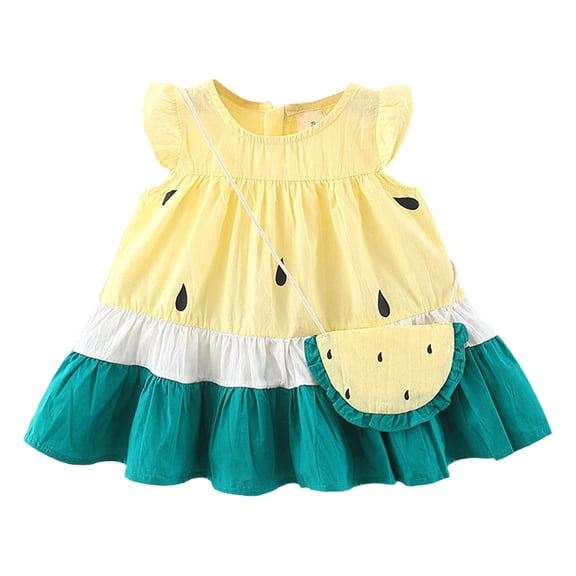 Zpanxa Dresses for Girls, Summer Toddler Short Sleeve Dress Short Sleeves Skirt with Bag Yellow 2 Years
