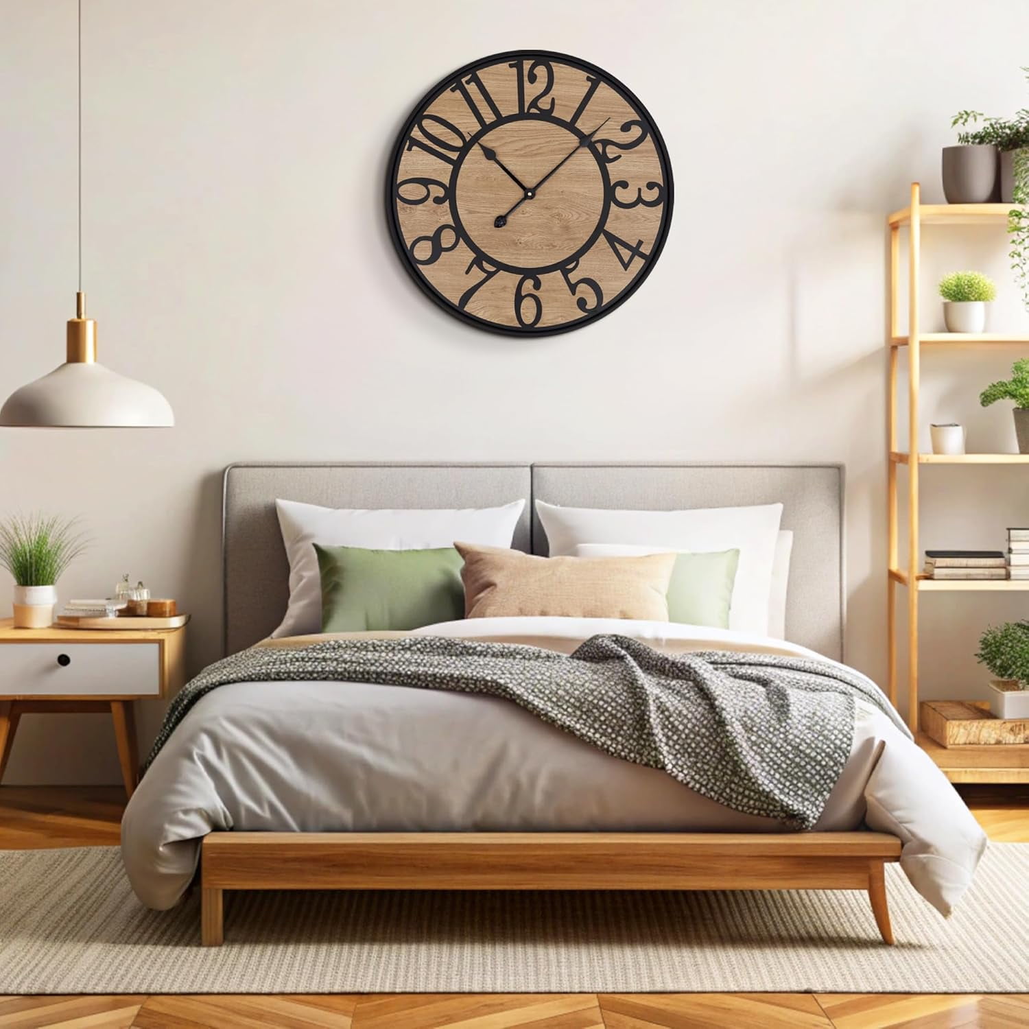 PrimeCook Shop Large Wall Clock for Living Room,Metal & Wood Silent Rustic Farmhouse Wall Clock with Arabic Numeral, Battery Operated Decorative for Bedroom Office Home Decor 20inch Black