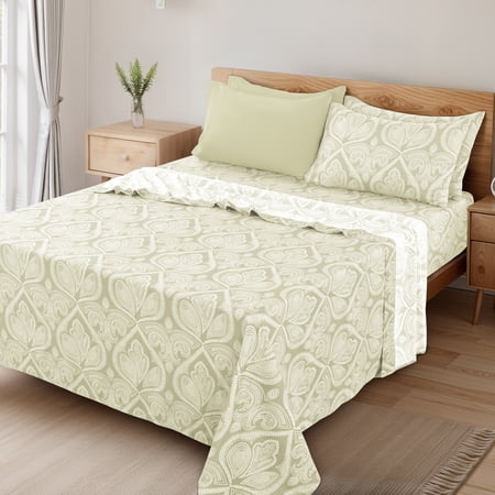 Lux Decor 6 Piece Queen Sheet Set – Ultra-Soft Microfiber Paisley Print Upto 16 Deep Pocket Fitted Sheet Flat Sheet & 4 Pillowcases Ivory