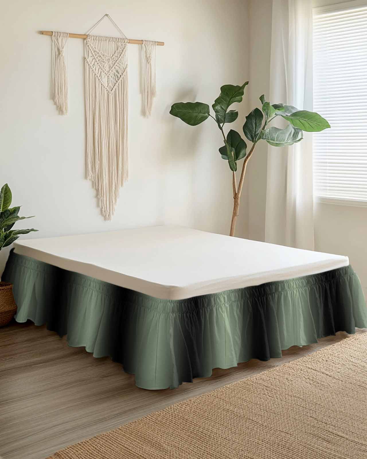 Sage Green Bed Skirt King Size 16" Drop and Black Gradient Ruffled Wrap Around Bed Skirts Adjustable Elastic Bedskirt Dust Ruffle for King Size Bed