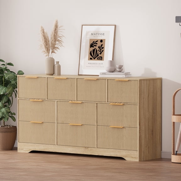 BouPower Fluted Dresser for Bedroom with 10 Drawers,55" Mid Century Modern Dressers,Wooden Chest of Drawers TV Stand,Wood Closet Storage Organizer for Bedroom