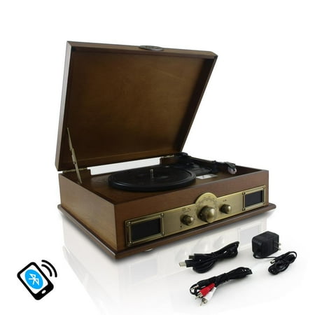Pyle PTT30WD - Vintage Classic-Style Bluetooth Turntable Vinyl Record Player with Digital MP3 Recording Ability, AM/FM Radio