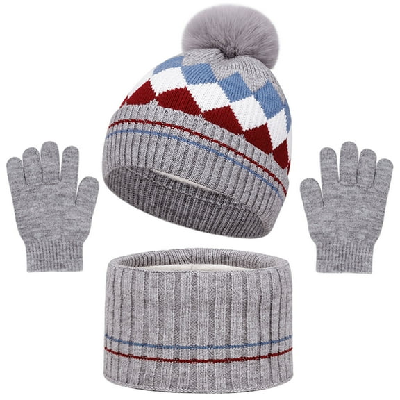 NAISIBABY Boys Winter Hat Scarf Gloves Sets, Warm Checked Beanie and Circle Scarf and Knit Gloves Kids Warm Outdoor 3-Piece Gray 1-6T
