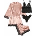 thumbnail image 2 of Women's Sleepwear 4pcs Floral Lace Trim Satin Cami Pajama Set with Robe Pink 4pcs M, 2 of 6