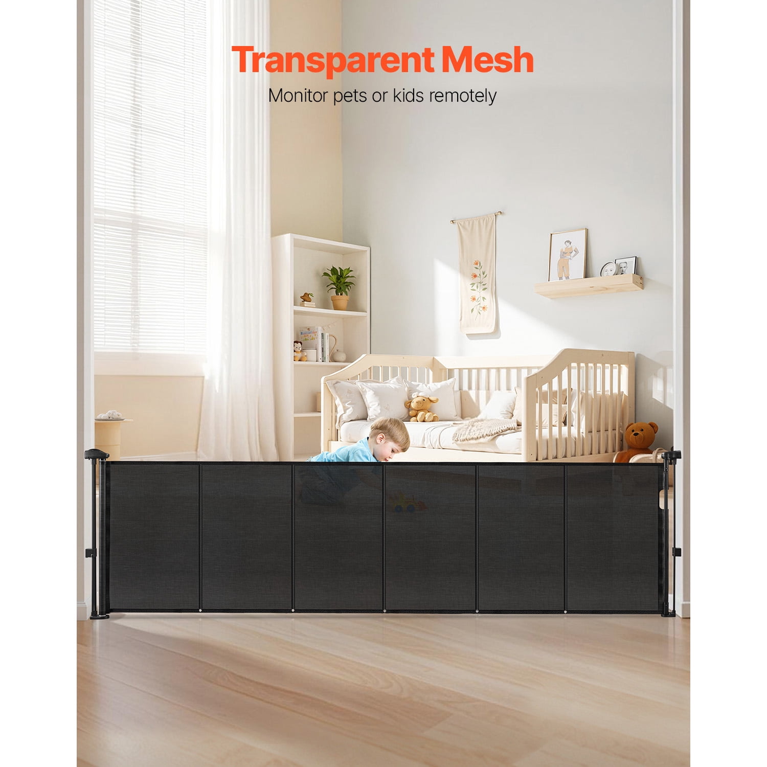 KFFKFF Retractable, Simple Installation for Indoor Baby Gate, 34-Inch Height, Expands Up to 110 Inches Wide, Black