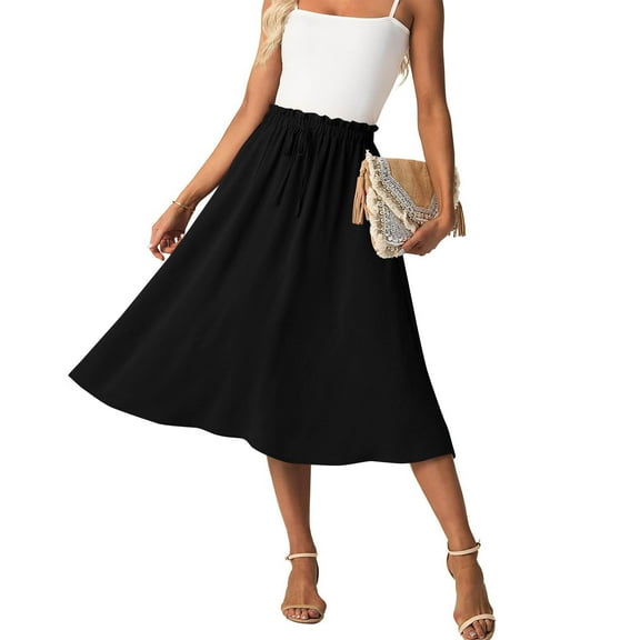 Summer Skirts for Women Casual Solid Color Elastic High Waist Skirt Fashion Knee-Length Skirts with Drawstring Pocket Skirt Dress