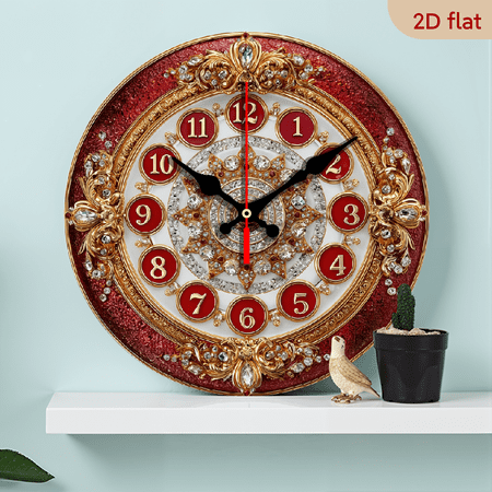 2D Flat 1pc 10Inch Wooden 1pc Luxury Red Ruby Crystal Wall Clock - 10Inch Large Round Swiss Quartz Mechanical Movement, Elegant Hands Red Accents, Battery-powered (aa Not Included) For Living Room