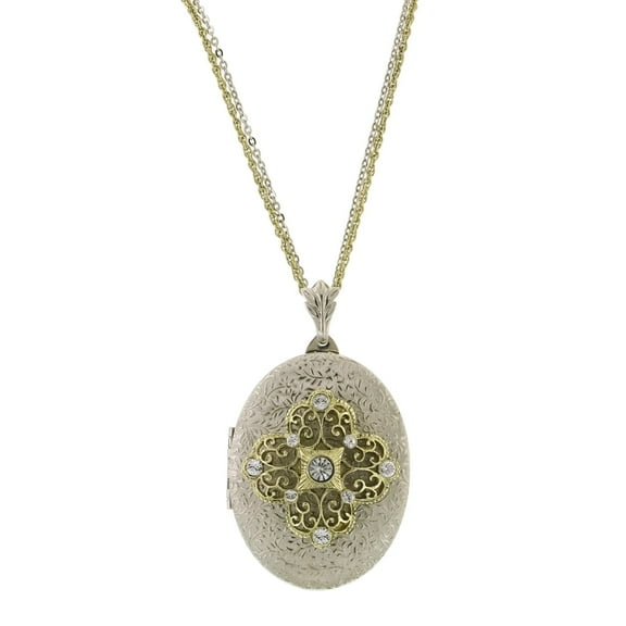 1928 Jewelry Oval Floral Filigree & Crystal Photo Locket Necklace 32"