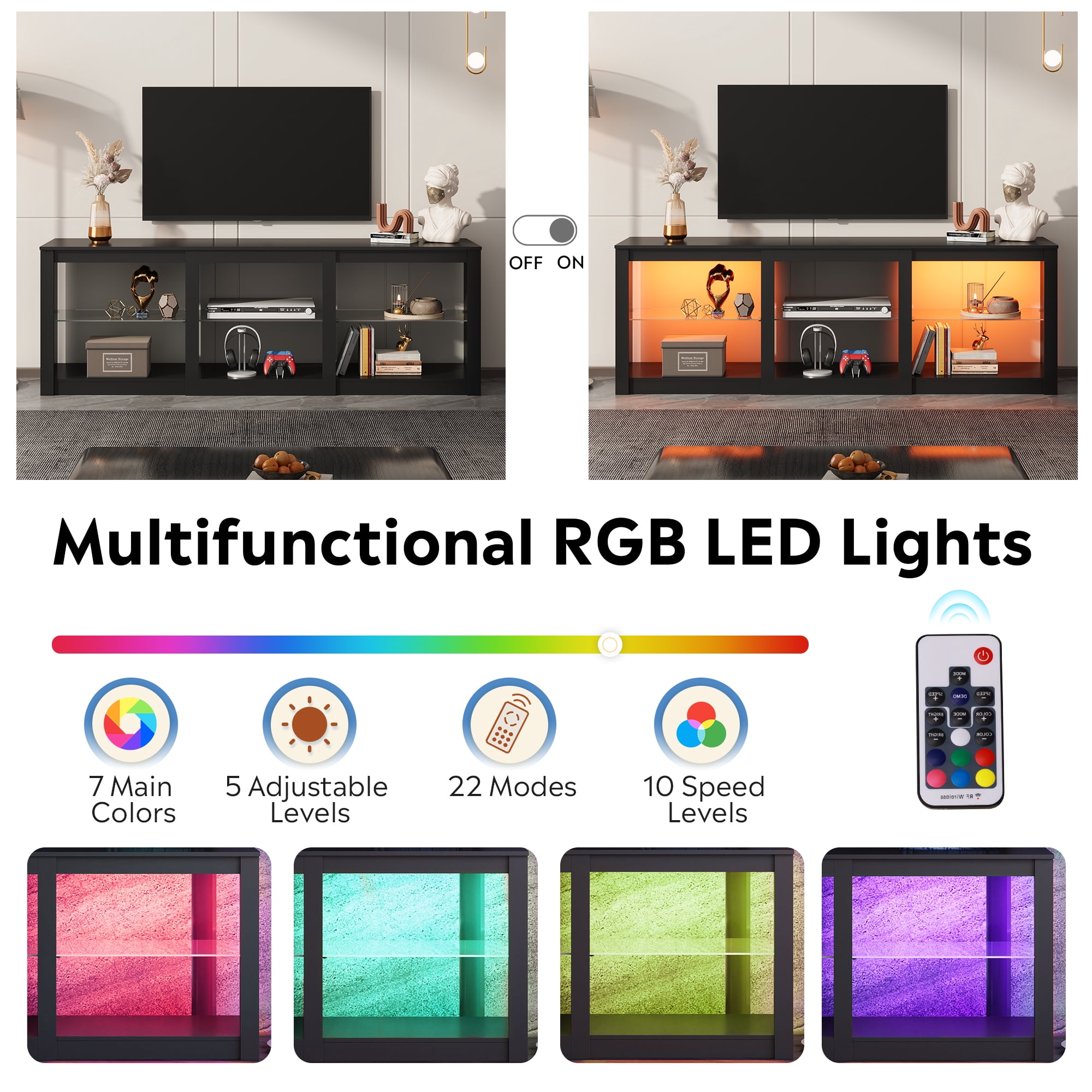 GALAXHERO TV Stand for 55/65/75 Inch TV, Modern Entertainment Center with LED Lights & Adjustable Glass Shelves Sturdy Media Console for Living Room, Bedroom, Gaming Black