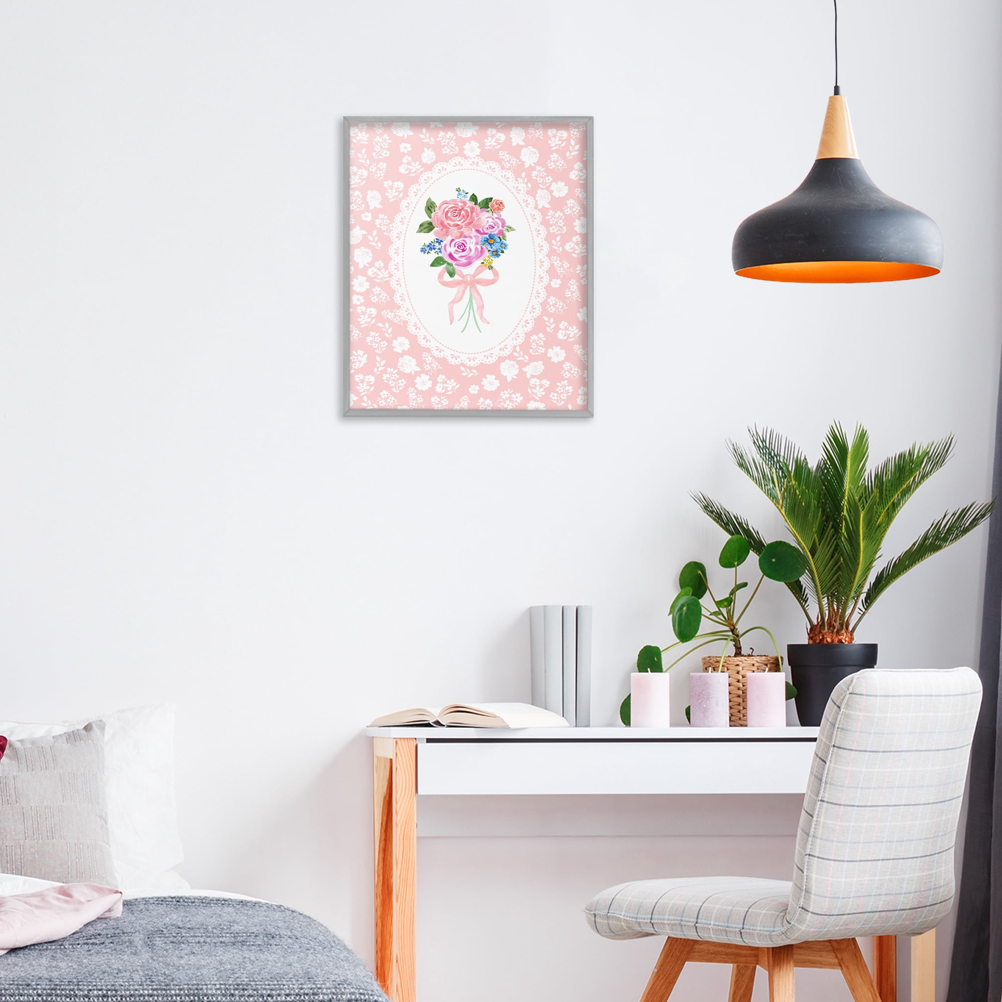 Stupell Industries Peach Feminine Bouquet Gray Framed Giclee Art, design by Corinne Haig