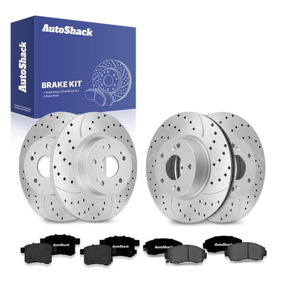 AutoShack Front & Rear Brake Rotors & Premium Pads for Honda, Accord 2010-2012, FWD L4 2.4L V6 3.5L - Silver Zinc Coated Drilled & Slotted - SilverShield Pro