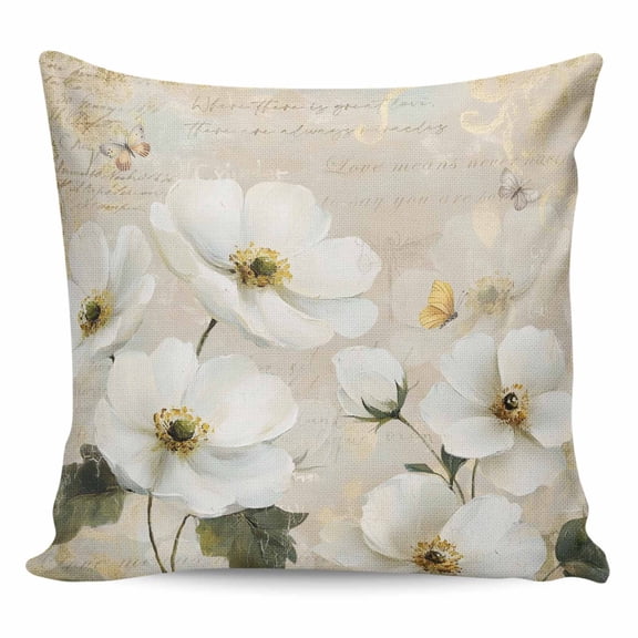 White Peony Pillow Covers 26x26 Inch Decorative Throw Pillow Cover, Retro Floral Butterfly Botanical Farmhouse Beige Sofa Pillowcases Accent Cushion Case Home Decor Bedroom Living Room