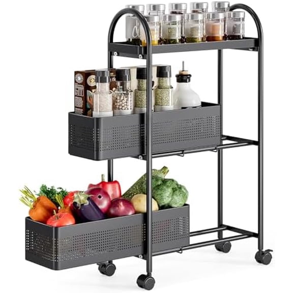 3-Tier Slim Storage Cart with Pull Out Basket, Rolling Bathroom Organizer Utility, Metal Shelving Unit Slide Out, Lockable Wheels, Easy Assembly for Narrow Place, Kitchen, Laundry Room, Black